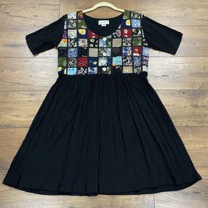 Vintage Patchwork Dress Womens M Multicolor Black Crinkle Textured Button Boho‎